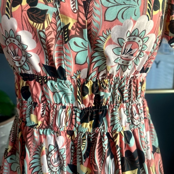 Maeve Anthropologie Coral Green Floral Puff Sleeve Ruffled Skirt Maxi Dress XS - Picture 4 of 11